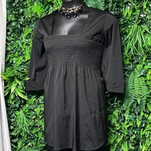 ANTILIA FEMME Top 3X Black Smocked Bodice Square Neck Tunic Blouse 3529